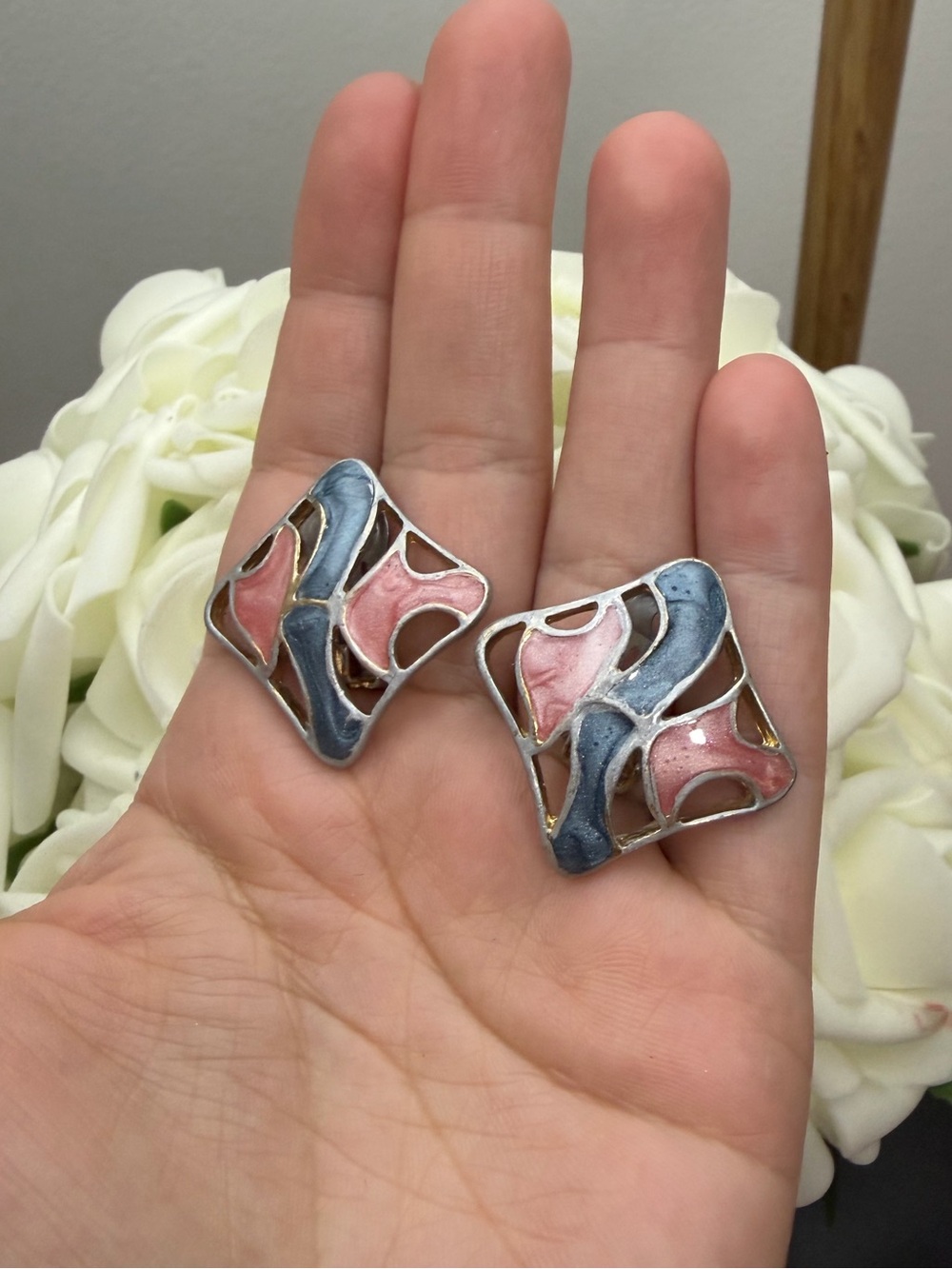 Vintage Pink and Blue Enamel Abstract Clip-On Earrings